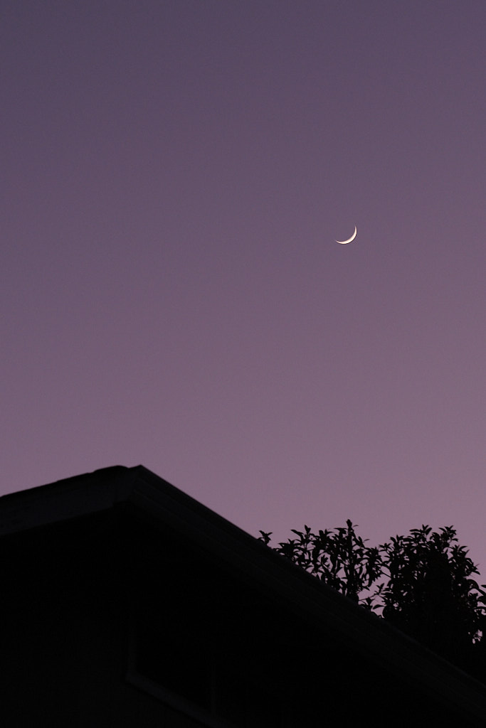 The silhouette of a rooftop with a crescent moon in the top-right.